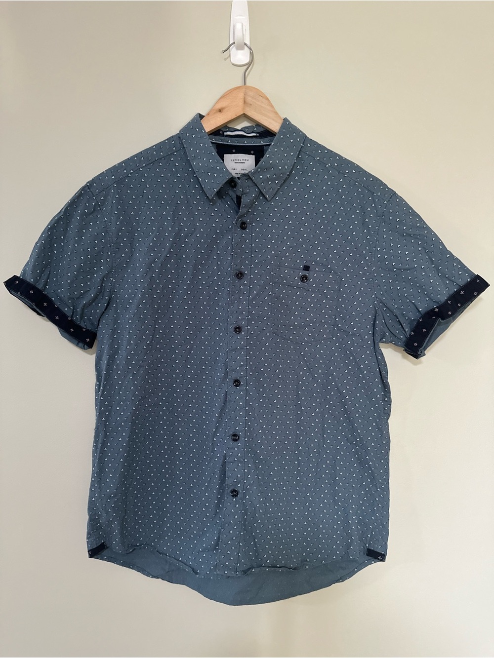 Level Ten Mens Modern Short Sleeve Geo-Print Button-Up Blue Shirt